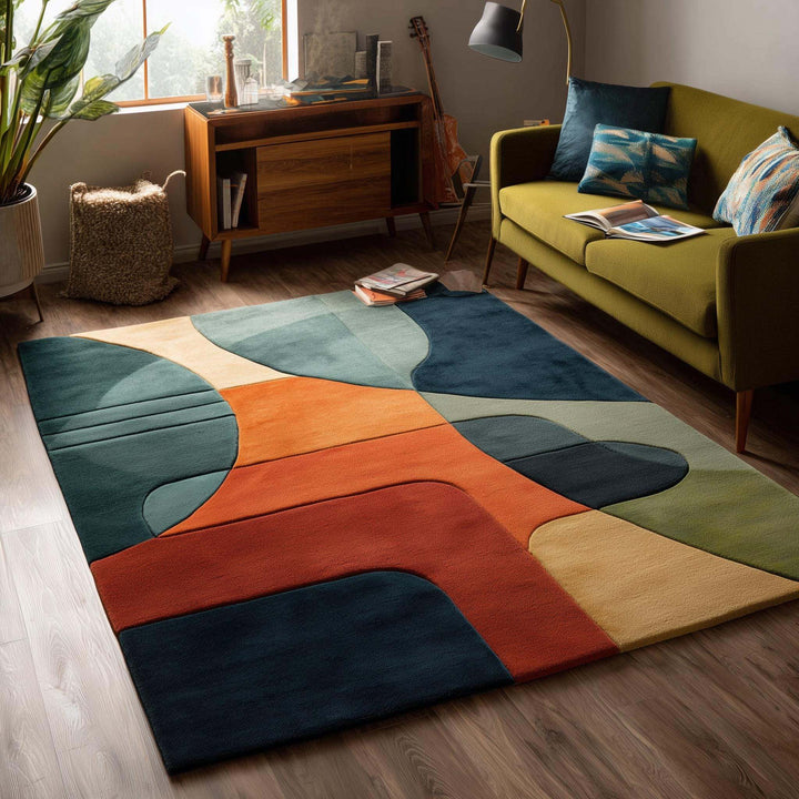 Translation missing: es.Modern abstract geometric area rug with bold jewel tones and freeform shapes for living room decor