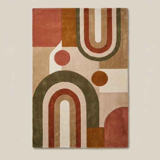Translation missing: es.Contemporary geometric area rug placed in a minimalist living room with wooden flooring and modern furniture in warm natural colors __etsy:8048443693