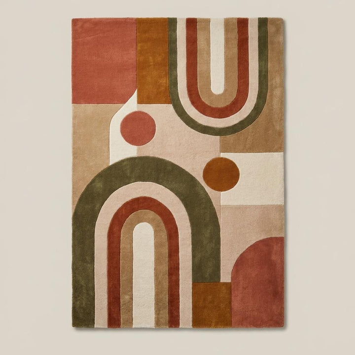 Translation missing: es.Contemporary geometric area rug placed in a minimalist living room with wooden flooring and modern furniture in warm natural colors __etsy:8048443693