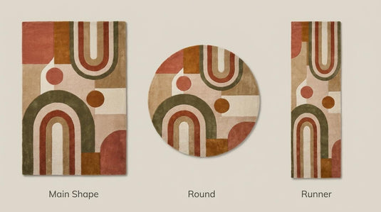 Translation missing: es.Rectangle abstract rug with curved arch motifs, available in custom round rug and runner hallway rug sizes for modern interiors __etsy:8048443689