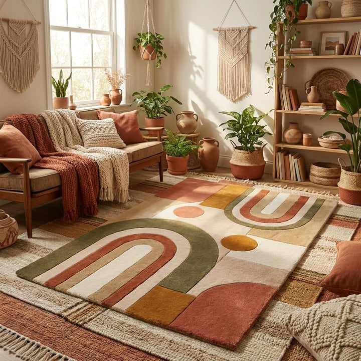 Translation missing: es.Mid century inspired handmade area rug with olive green and burnt orange geometric design styled beside an accent chair and indoor plants __etsy:8000513494
