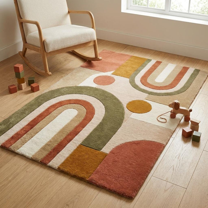 Translation missing: es.Premium wool blend geometric carpet with modern abstract arches and soft textured finish designed for cozy contemporary home decor __etsy:8048443813