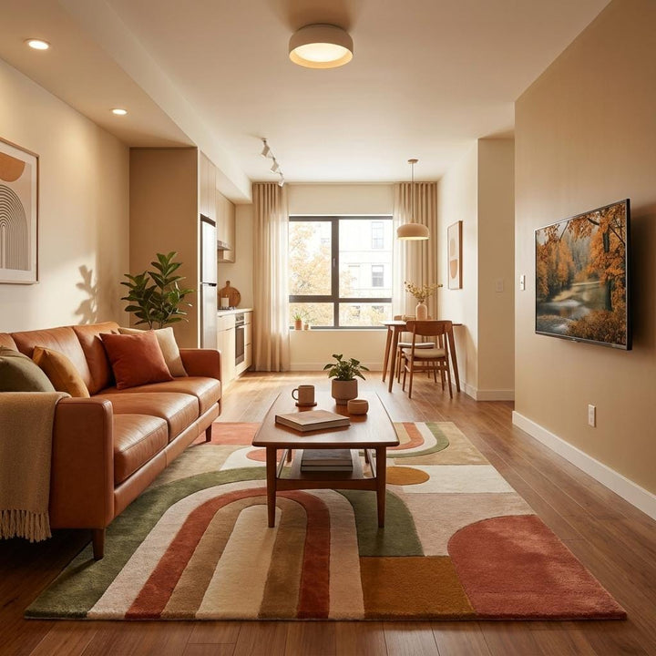 Translation missing: es.Artistic hand tufted contemporary rug featuring abstract shapes and earthy neutral colors for bedroom, office, or modern lounge spaces __etsy:8000513486