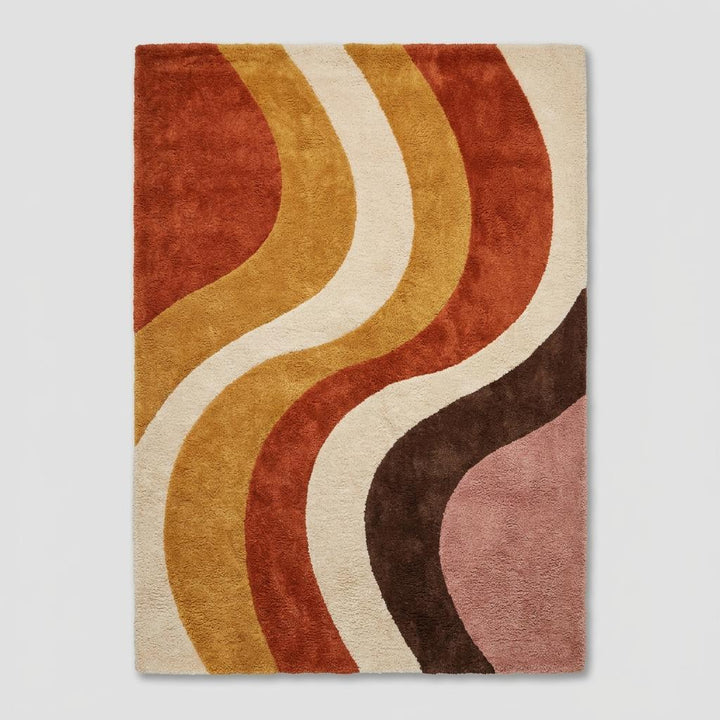 Translation missing: es.Modern abstract wool rug paired with walnut furniture and terracotta accent chair in cozy mid-century inspired interior __etsy:8048425265