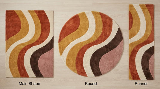 Translation missing: es.Rectangle abstract rug available in custom round rug and runner hallway sizes featuring flowing retro curved shapes __etsy:8048425279