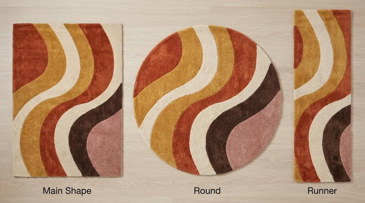 Translation missing: es.Rectangle abstract rug available in custom round rug and runner hallway sizes featuring flowing retro curved shapes __etsy:8048425279
