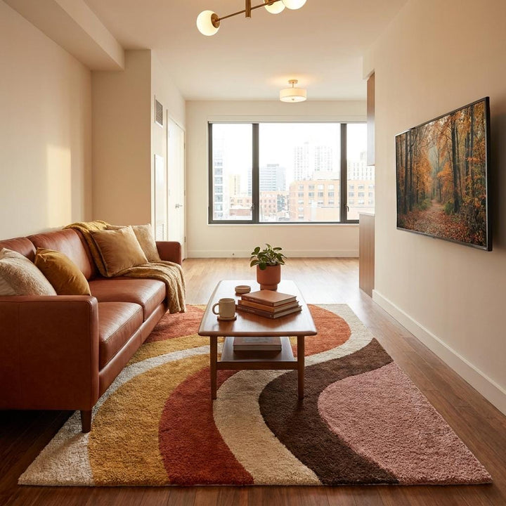 Translation missing: es.Contemporary handmade wool carpet in warm terracotta, cream, brown, and mustard shades for modern home decor __etsy:8048425271