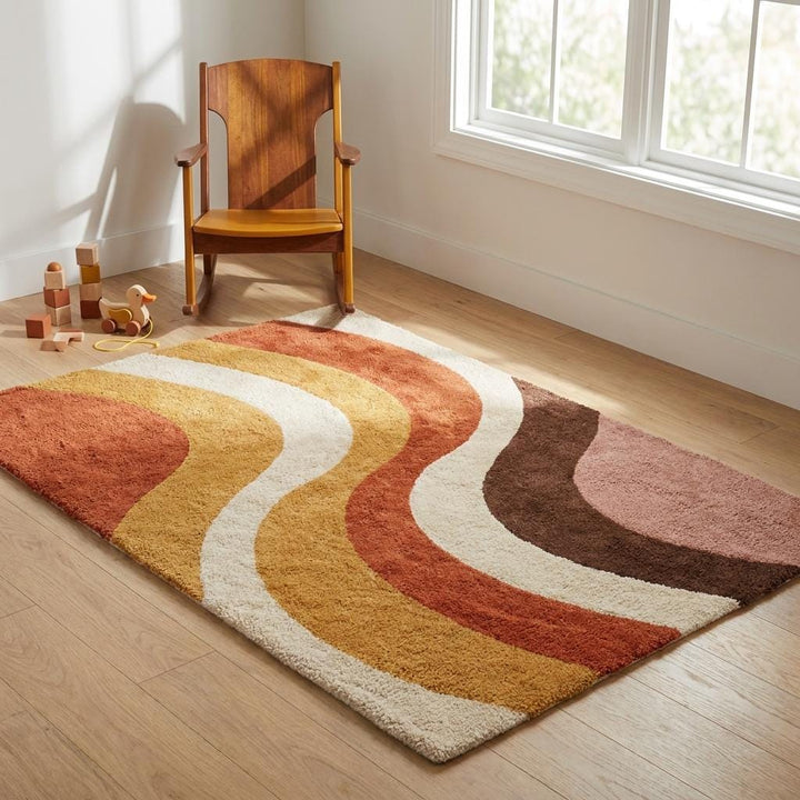 Translation missing: es.Artisan crafted retro style area rug with curved geometric wave design adding warmth and softness to indoor spaces __etsy:8048425357