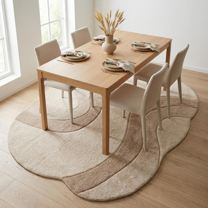 Translation missing: es.Soft wool blend organic shape rug with dimensional carved detailing styled in luxury neutral interior with natural sunlight and wood accents __etsy:8000518614