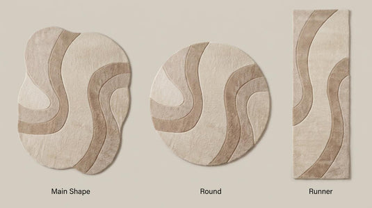 Translation missing: es.Freeform rug available in rectangle, round, and runner hallway styles featuring layered abstract curves in soft neutral wool textures __etsy:8048448559