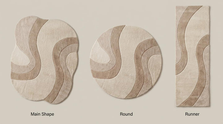 Translation missing: es.Freeform rug available in rectangle, round, and runner hallway styles featuring layered abstract curves in soft neutral wool textures __etsy:8048448559