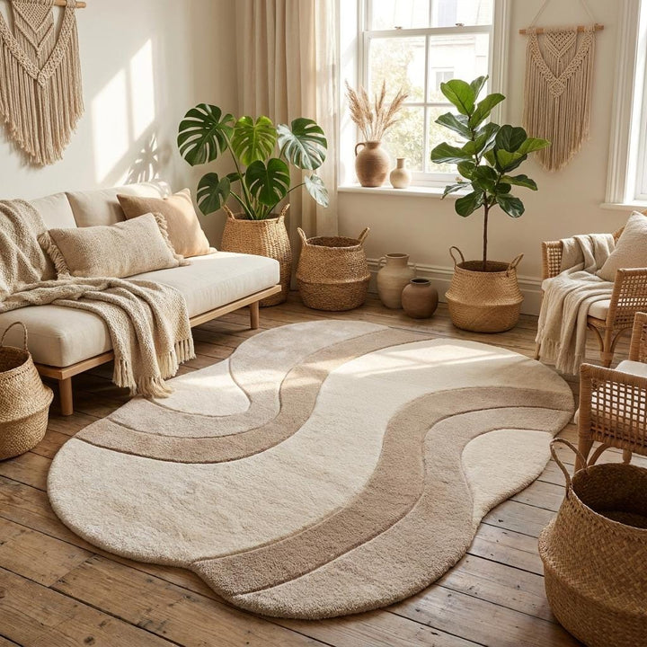 Translation missing: es.Neutral handmade area rug with organic flowing pattern designed for Scandinavian, minimalist, and modern living room interiors __etsy:8048448557