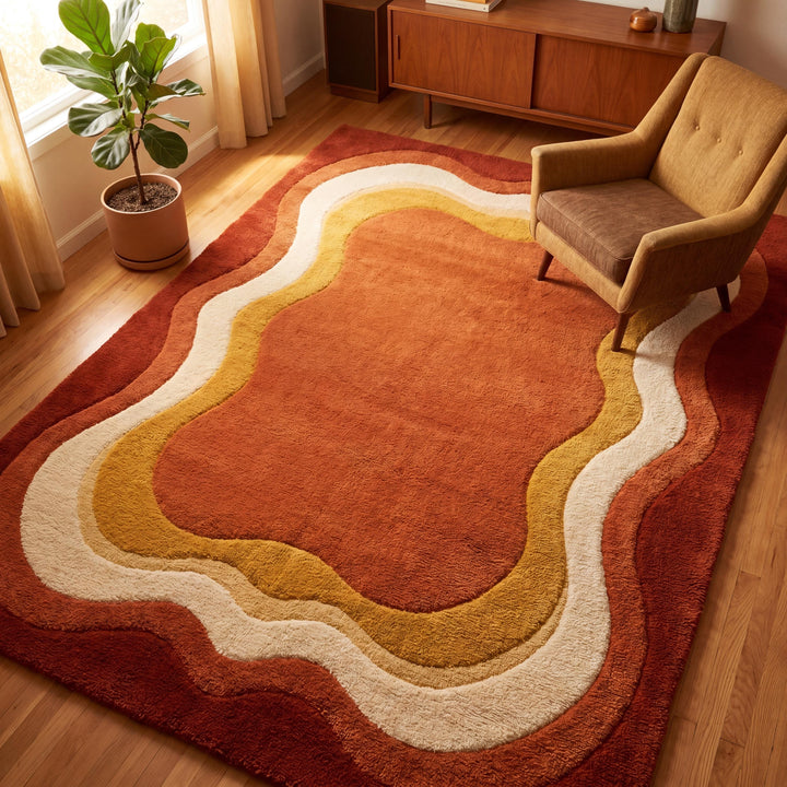 Translation missing: es.Handmade modern abstract wool rug with wave pattern in burnt orange and cream tones styled in a cozy living room __etsy:8032957683