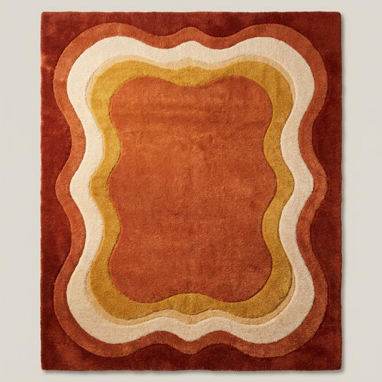 Translation missing: es.Contemporary retro wave area rug in rust and mustard colors placed beside a modern accent chair __etsy:7985009136