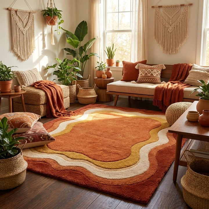Translation missing: es.Mid-century modern inspired wool rug adding warmth and texture to a sunlit interior space __etsy:7985009470