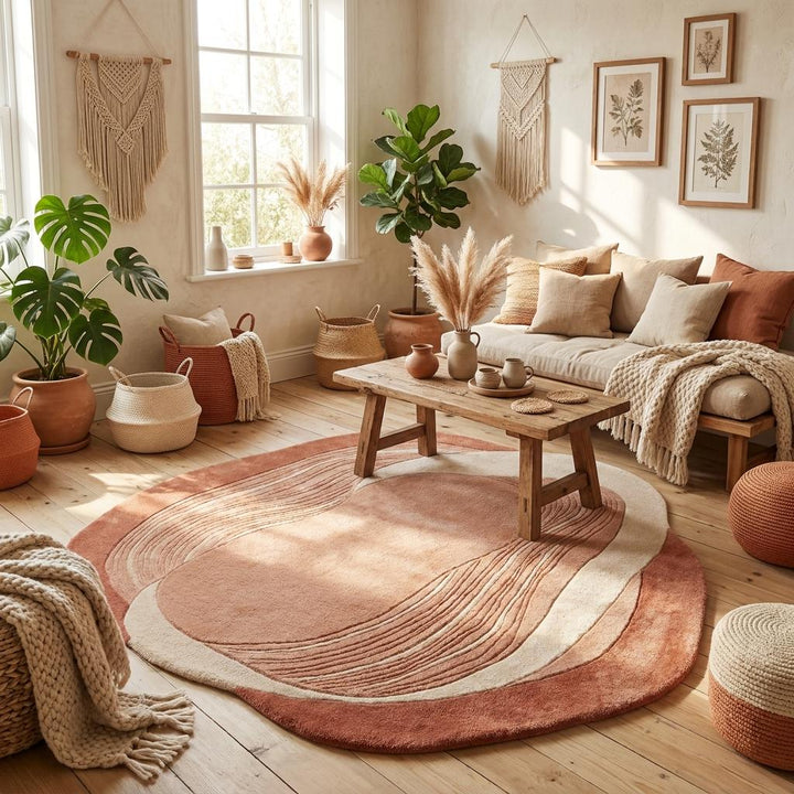 Translation missing: es.Contemporary blush pink wool rug with sculpted curves and artistic layered design for cozy luxury interiors __etsy:8066007737