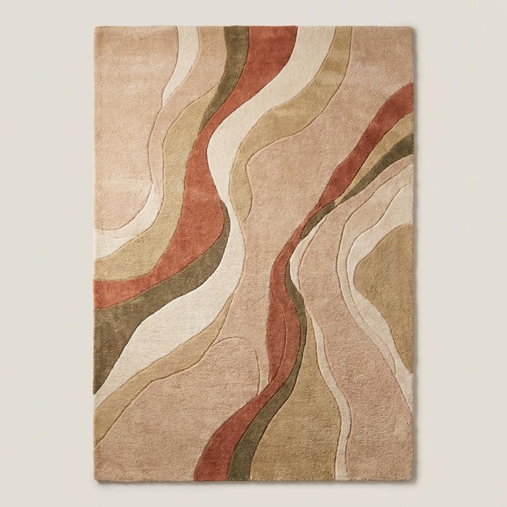Translation missing: es.Contemporary earth tone area rug with flowing abstract lines placed beside a boucle accent chair in a minimalist interior __etsy:8042235093