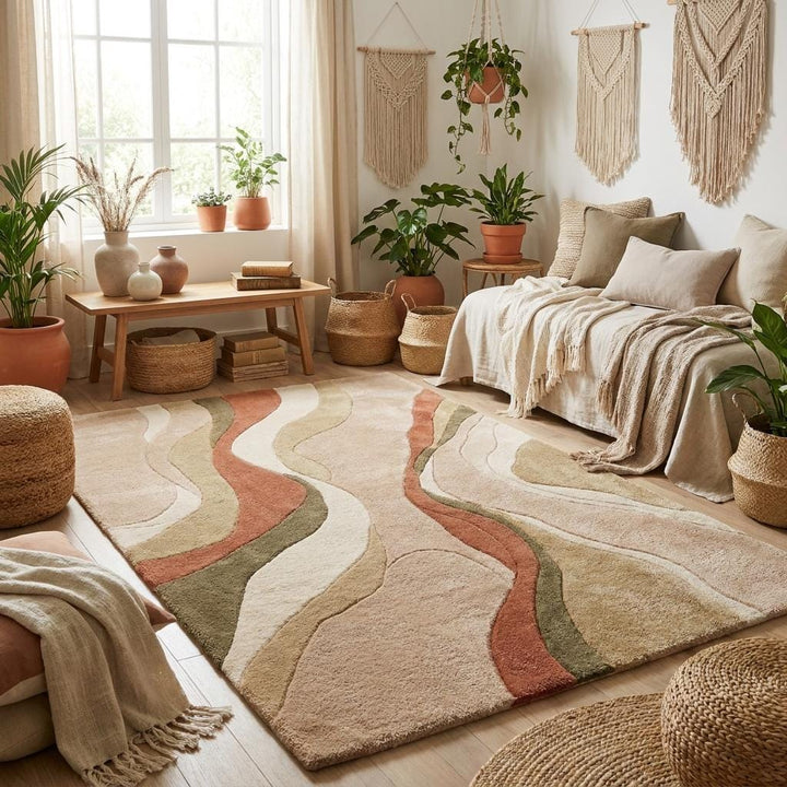 Translation missing: es.Modern handmade living room rug with ivory, taupe, olive, and rust accents designed for Scandinavian and organic modern interiors __etsy:7994298650