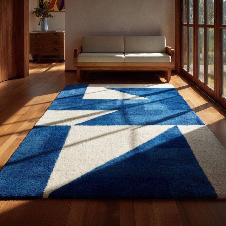 Translation missing: en.Modern blue geometric hand-tufted wool rug with mid-century style for contemporary living rooms