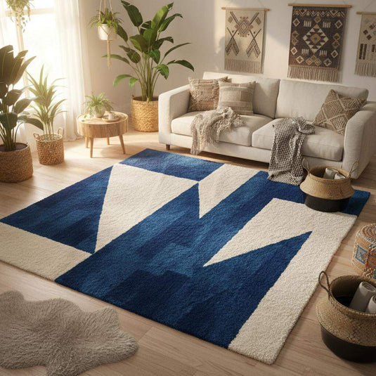 Translation missing: en.High-pile tufted wool rug in cobalt blue and ivory with modern abstract design for stylish living room decoration