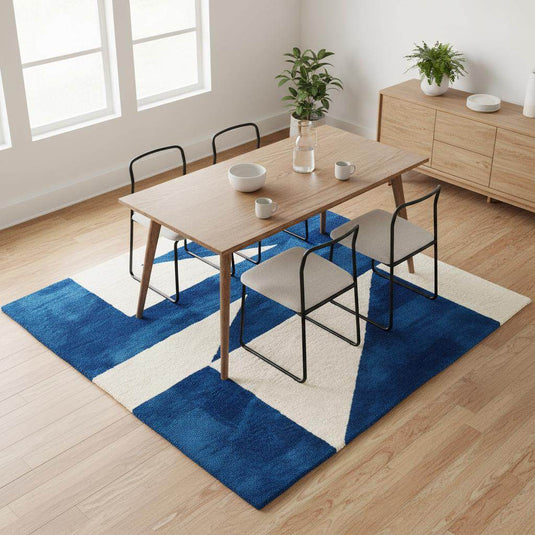 Translation missing: en.Custom size modern blue wool rug with clean geometric pattern placed in a modern home with floor-to-ceiling windows