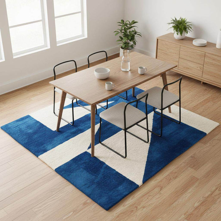 Translation missing: en.Custom size modern blue wool rug with clean geometric pattern placed in a modern home with floor-to-ceiling windows