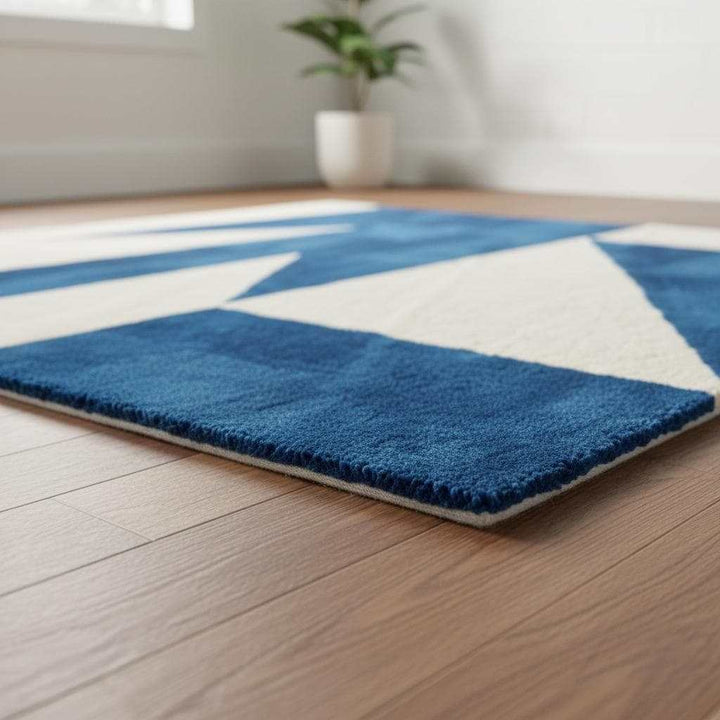 Translation missing: en.Modern Blue Geometric Rug, Hand Tufted Wool Area Rug, Mid Century Style Carpet, Contemporary Living Room Decor, Custom Size Blue &amp; White Rug