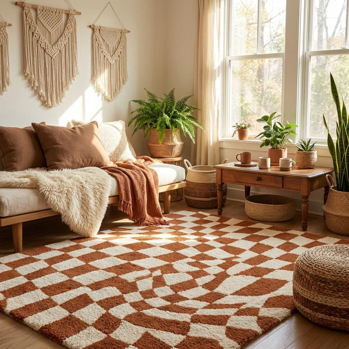 Translation missing: es.Retro geometric wavy checkerboard area rug used as statement living room floor decor