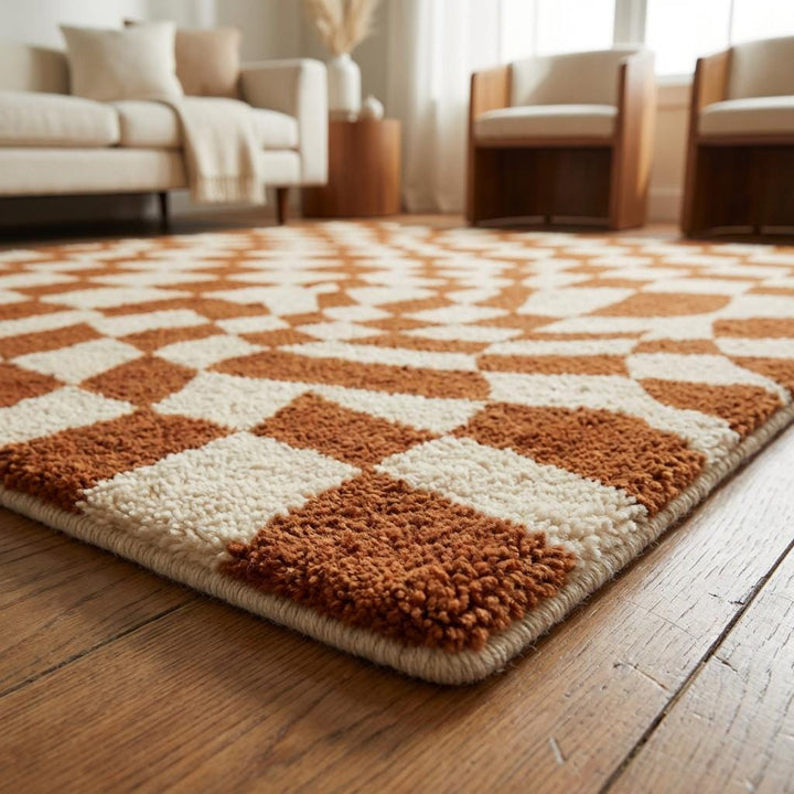 Translation missing: es.Rectangular modern tufted rug featuring abstract wavy checkerboard pattern in warm terracotta tones