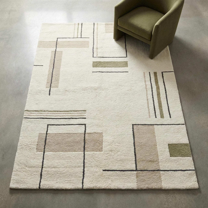 Translation missing: en.Modern geometric area rug with minimalist line pattern in cream, sage green, and neutral tones for contemporary decor