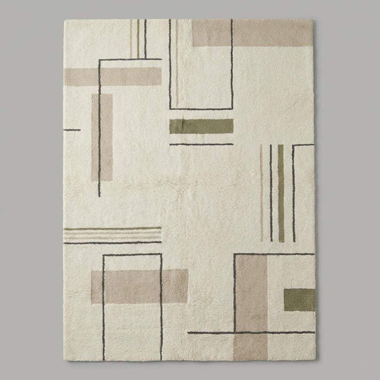 Translation missing: es.Modern geometric area rug in cream with charcoal lines and sage green blocks, minimalist neutral rug for living room decor