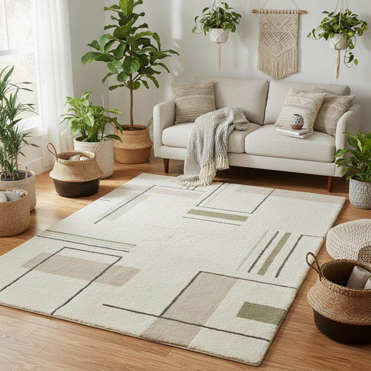 Translation missing: es.Minimalist line pattern rug, cream ivory base with abstract geometric shapes, Scandinavian Japandi interior style rug