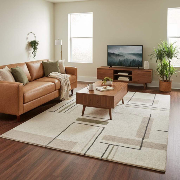 Translation missing: en.Neutral modern rug with beige taupe and sage accents, contemporary geometric rug for bedroom or apartment