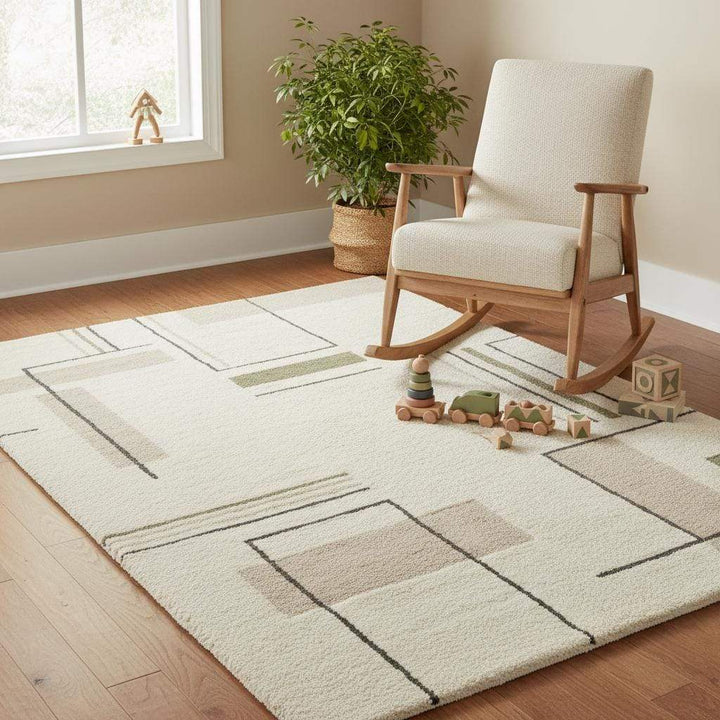 Translation missing: en.Mid century modern geometric rug with clean rectangular blocks and thin charcoal outline pattern, cream area rug