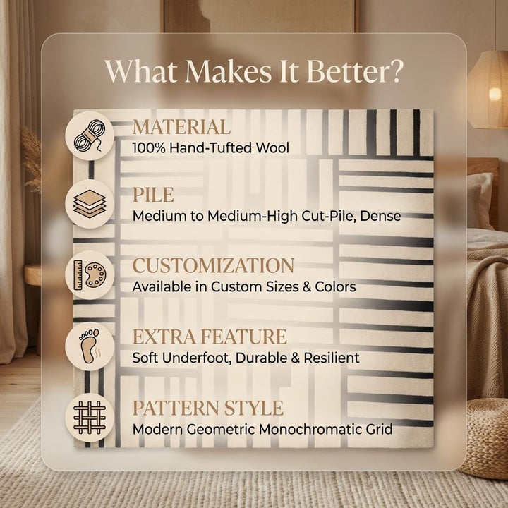 Translation missing: es.Modern Geometric Hand Tufted Wool Area Rug, Black Cream Abstract Grid Pattern Rug, Contemporary Living Room Rug, Minimalist Designer Carpet