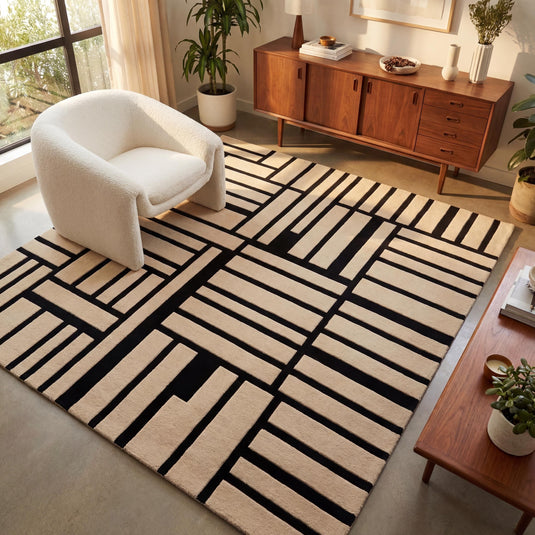 Translation missing: es.Modern geometric hand tufted wool area rug with black and cream abstract grid pattern for contemporary living rooms