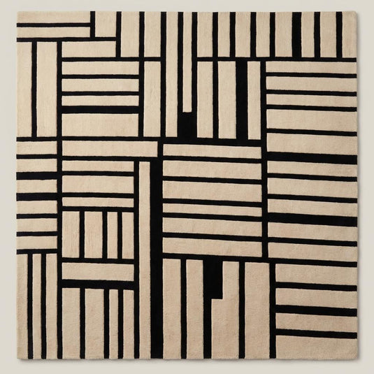 Translation missing: es.Contemporary black and cream geometric wool area rug placed under accent chair in modern minimalist living room