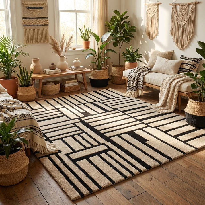 Translation missing: es.Modern Geometric Hand Tufted Wool Area Rug, Black Cream Abstract Grid Pattern Rug, Contemporary Living Room Rug, Minimalist Designer Carpet