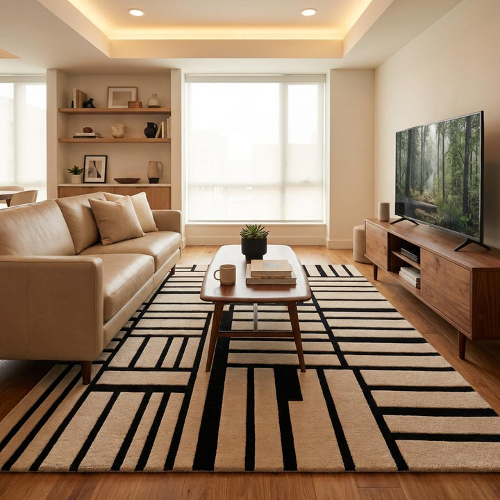 Translation missing: es.Large modern grid pattern hand tufted rug with architectural black lines over soft cream wool surface