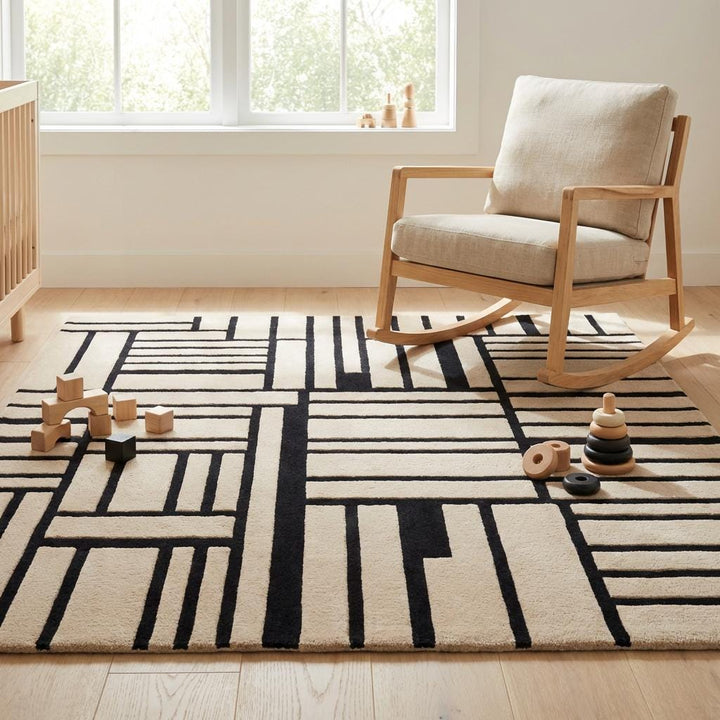 Translation missing: es.Minimalist modern area rug with abstract geometric blocks designed for contemporary living room decor