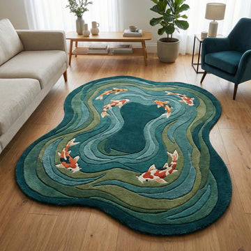 Translation missing: fr.Modern hand tufted koi fish rug with organic shape and wool pile texture