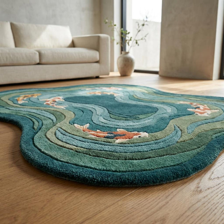 Translation missing: es.Unique organic shape teal green living room rug designed as statement décor centerpiece