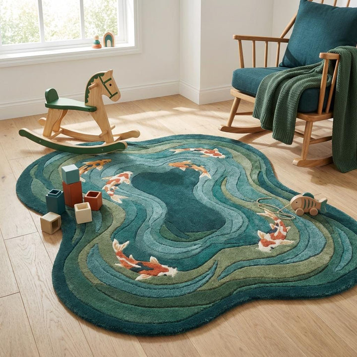 Translation missing: es.Decorative hand tufted wool carpet featuring koi fish motif suitable for Japandi and contemporary homes