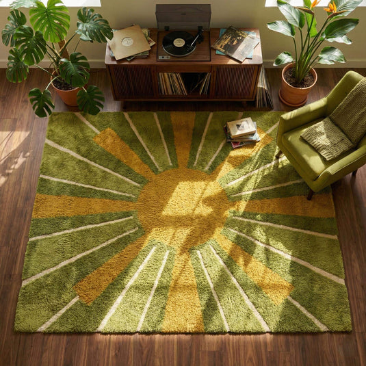 Translation missing: es.Modern hand tufted wool rug with mid-century sunburst pattern in moss green and mustard yellow