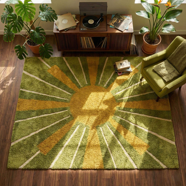 Translation missing: es.Modern hand tufted wool rug with mid-century sunburst pattern in moss green and mustard yellow