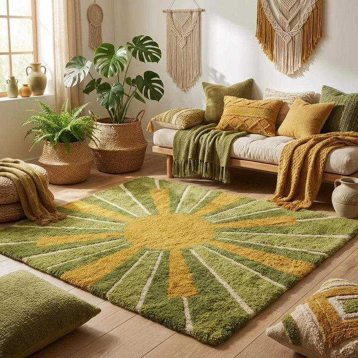 Translation missing: es.Retro mid century modern sunburst shag rug, handmade tufted wool carpet with green yellow geometric rays, cozy aesthetic home decor for lounge and apartment