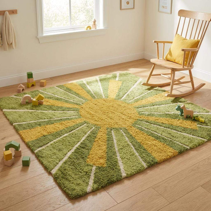 Translation missing: es.Modern boho hand tufted wool area rug with bold sunburst pattern, moss green mustard yellow plush pile, perfect statement rug for living room upgrade