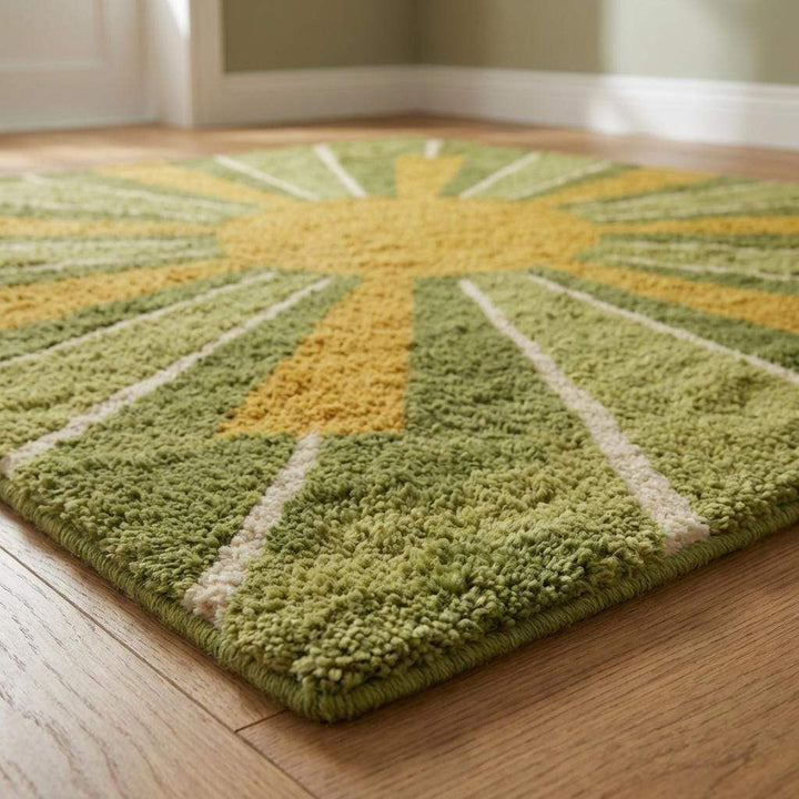 Translation missing: es.Handmade shag wool rug featuring geometric sunburst rays, green and golden yellow retro design, aesthetic mid century decor rug for bedroom or studio