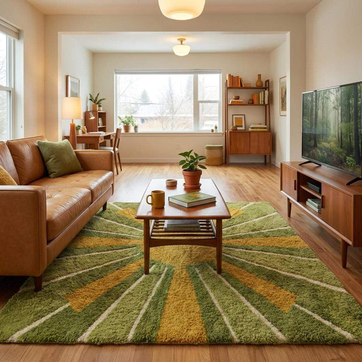 Translation missing: es.Cozy plush hand tufted wool carpet, retro sunburst statement rug in olive green and mustard tones, ideal housewarming gift and modern home decor