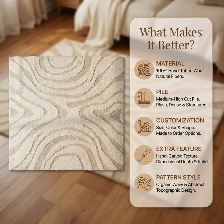 Translation missing: es.Modern Hand Tufted Wool Rug, Neutral Wavy Abstract Area Rug, Cozy Housewarming Gift